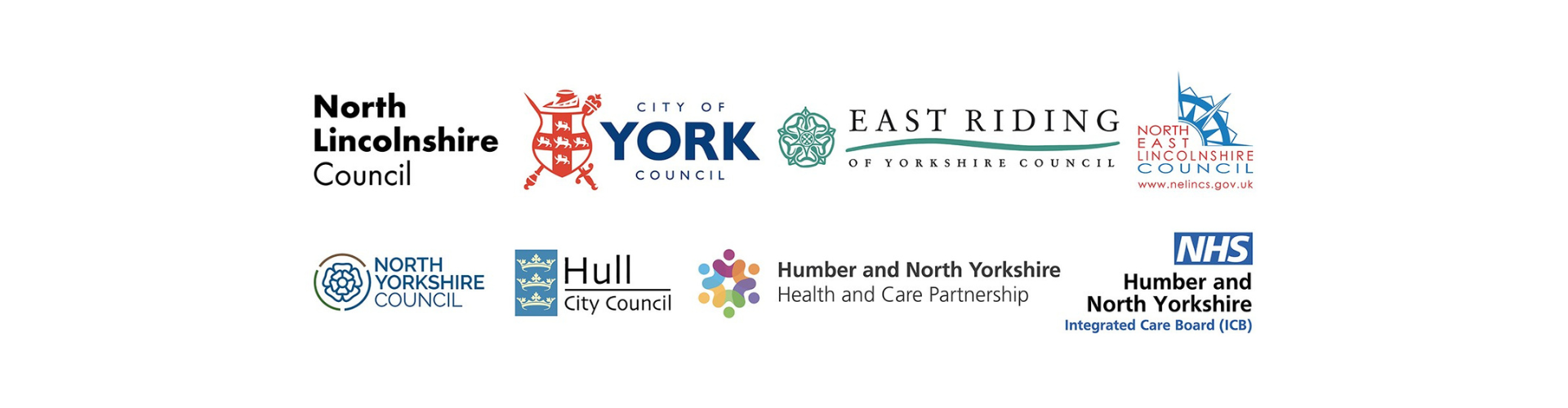 The graphic shows all the partner logos, Hull City Counci, NE Lincs, York City Council, North Lins, East Riding, Humber and NY Health Care Partnership, Humber and NY Integrated Care Board
